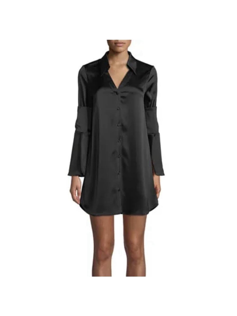 Alice + Olivia Halima Double Cuff Satin Shirt Dress In Black Size 6